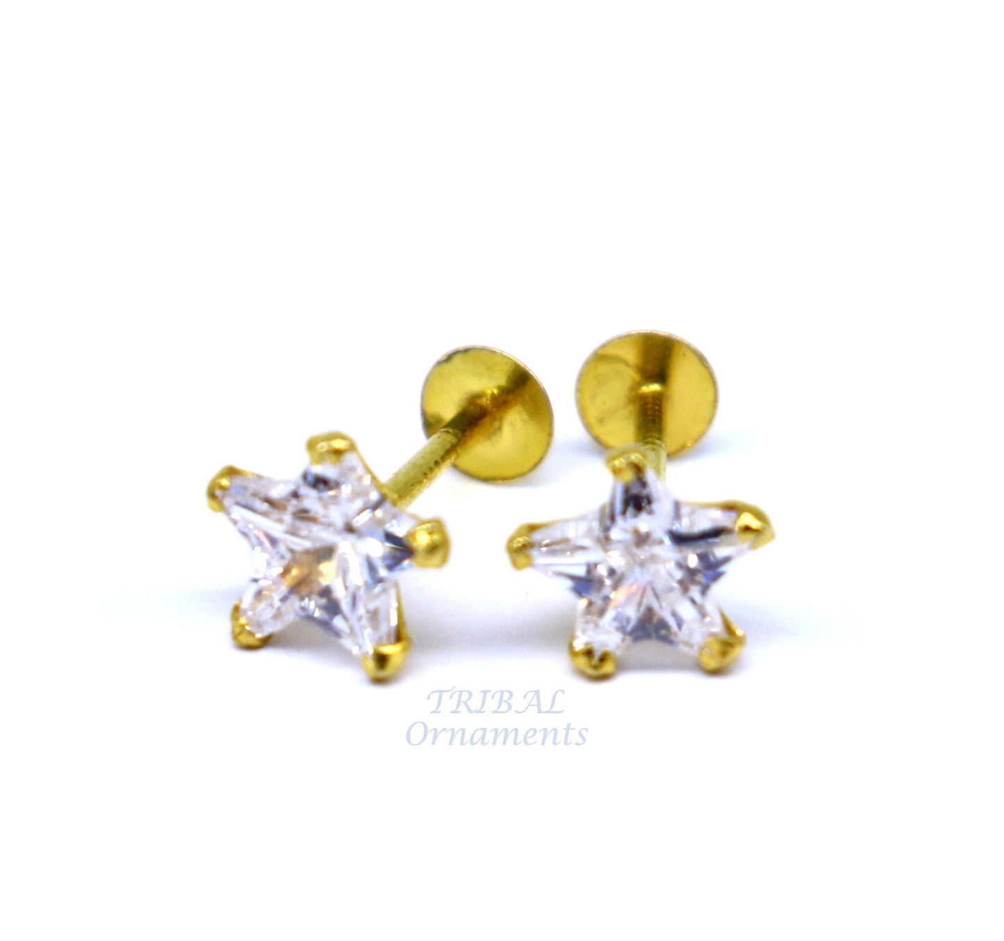 5mm 18kt yellow gold handmade single cubic zircon stone back screw star shape stud earring cartilage customized unisex jewelry er146 - TRIBAL ORNAMENTS