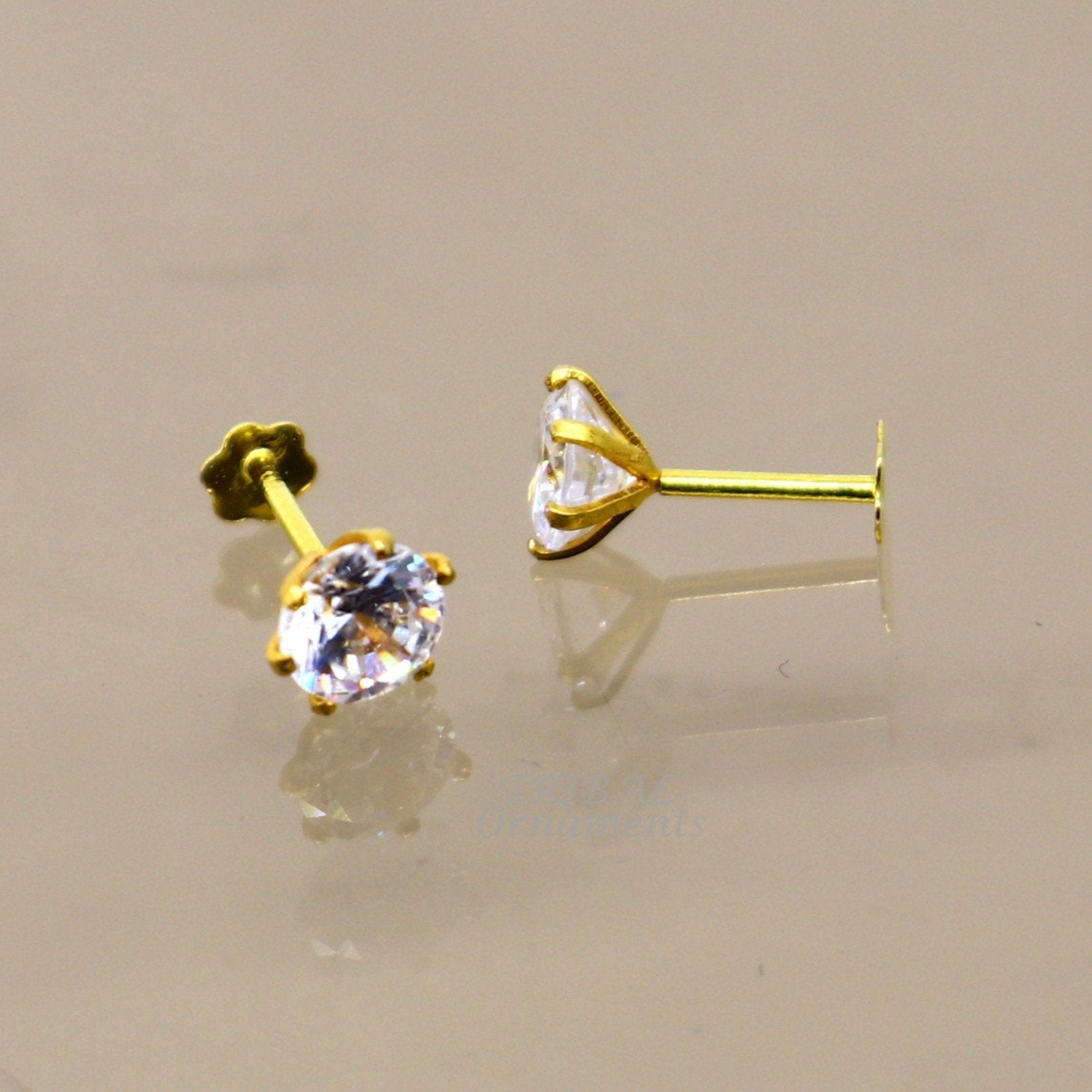 5mm 18kt yellow gold handmade single stone round shape stud earring cartilage earring customized unisex screw back stud jewelry er149 - TRIBAL ORNAMENTS