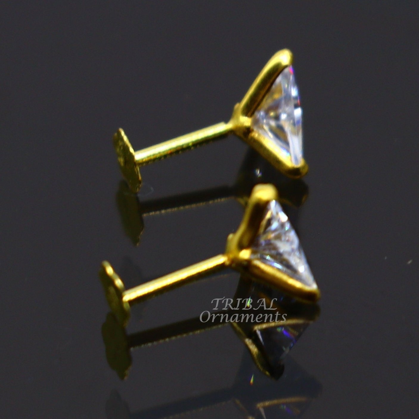 5mm 18kt yellow gold handmade single stone Triangle shape stud earring cartilage earring customized unisex screw back stud jewelry er148 - TRIBAL ORNAMENTS