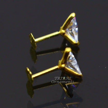 5mm 18kt yellow gold handmade single stone Triangle shape stud earring cartilage earring customized unisex screw back stud jewelry er148 - TRIBAL ORNAMENTS