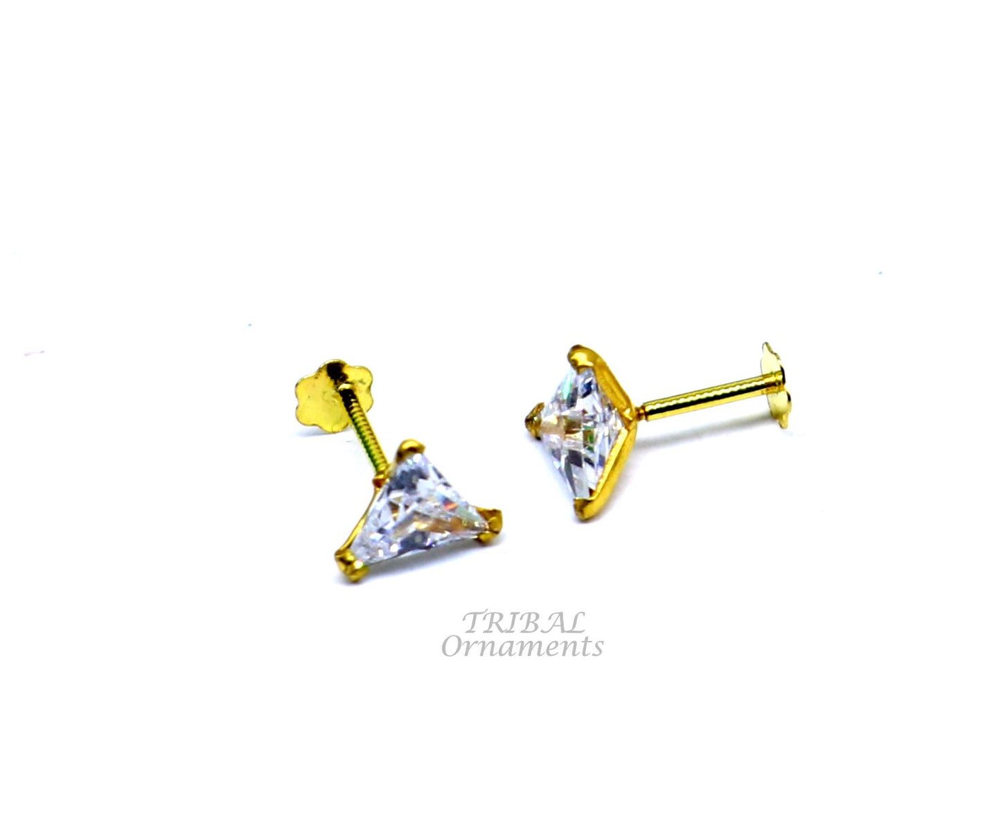 5mm 18kt yellow gold handmade single stone Triangle shape stud earring cartilage earring customized unisex screw back stud jewelry er148 - TRIBAL ORNAMENTS