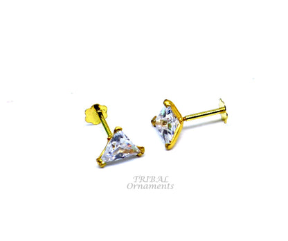5mm 18kt yellow gold handmade single stone Triangle shape stud earring cartilage earring customized unisex screw back stud jewelry er148 - TRIBAL ORNAMENTS