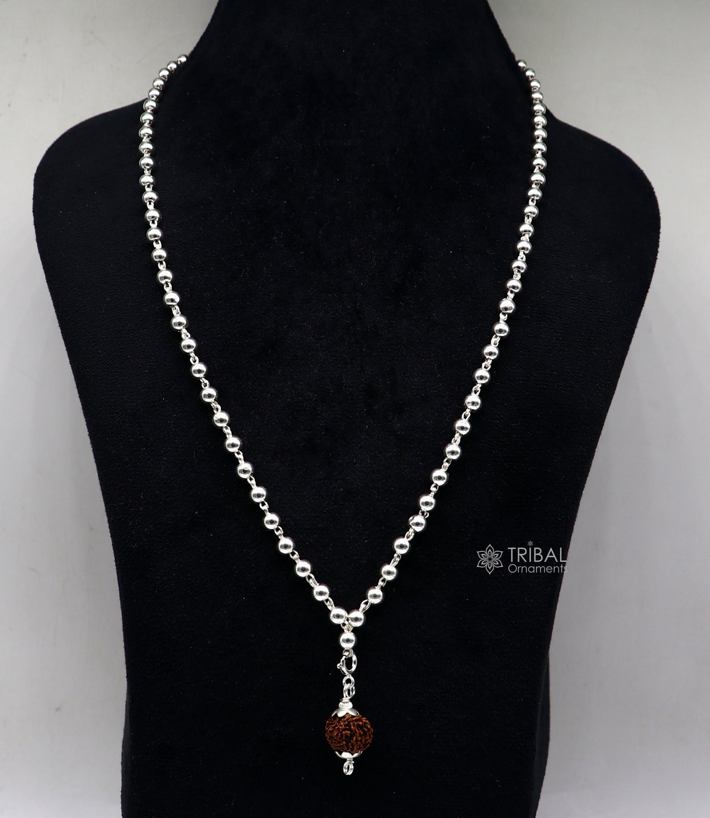 Sterling silver 5mm plain beads chain japp mala with 108 beads and hanging Rudraksha pendant, traditional sacred jewelry.