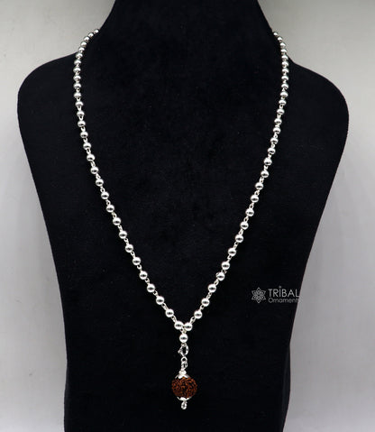 Sterling silver 5mm plain beads chain japp mala with 108 beads and hanging Rudraksha pendant, traditional sacred jewelry.