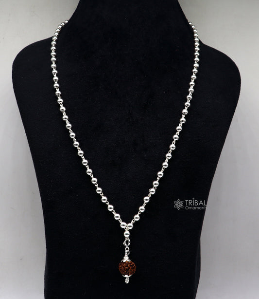 Sterling silver 5mm plain beads chain japp mala with 108 beads and hanging Rudraksha pendant, traditional sacred jewelry.