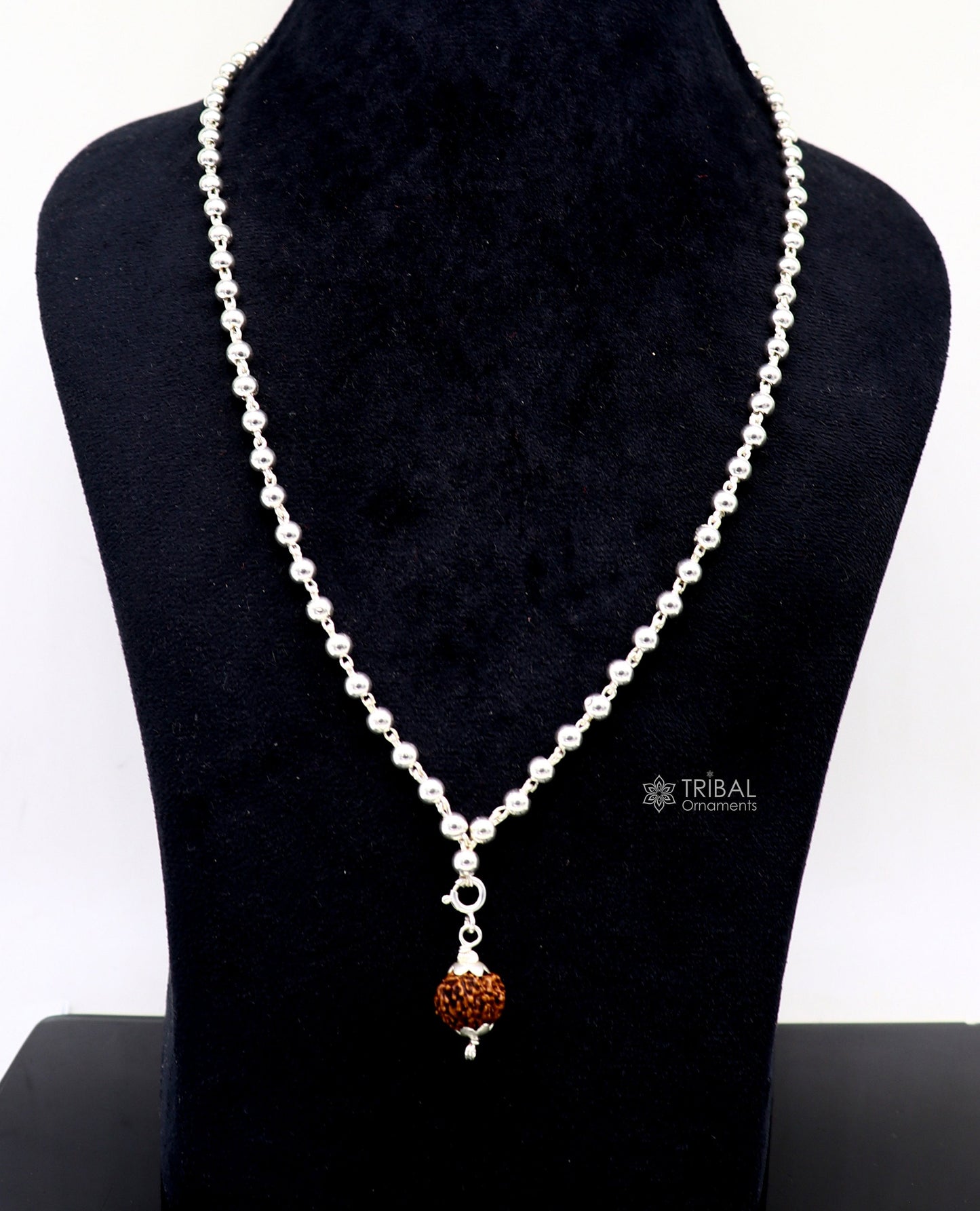 925 silver japp mala chain with 108 plain beads and hanging Rudraksha pendant, tribal ornament jewelry for spiritual adornment.