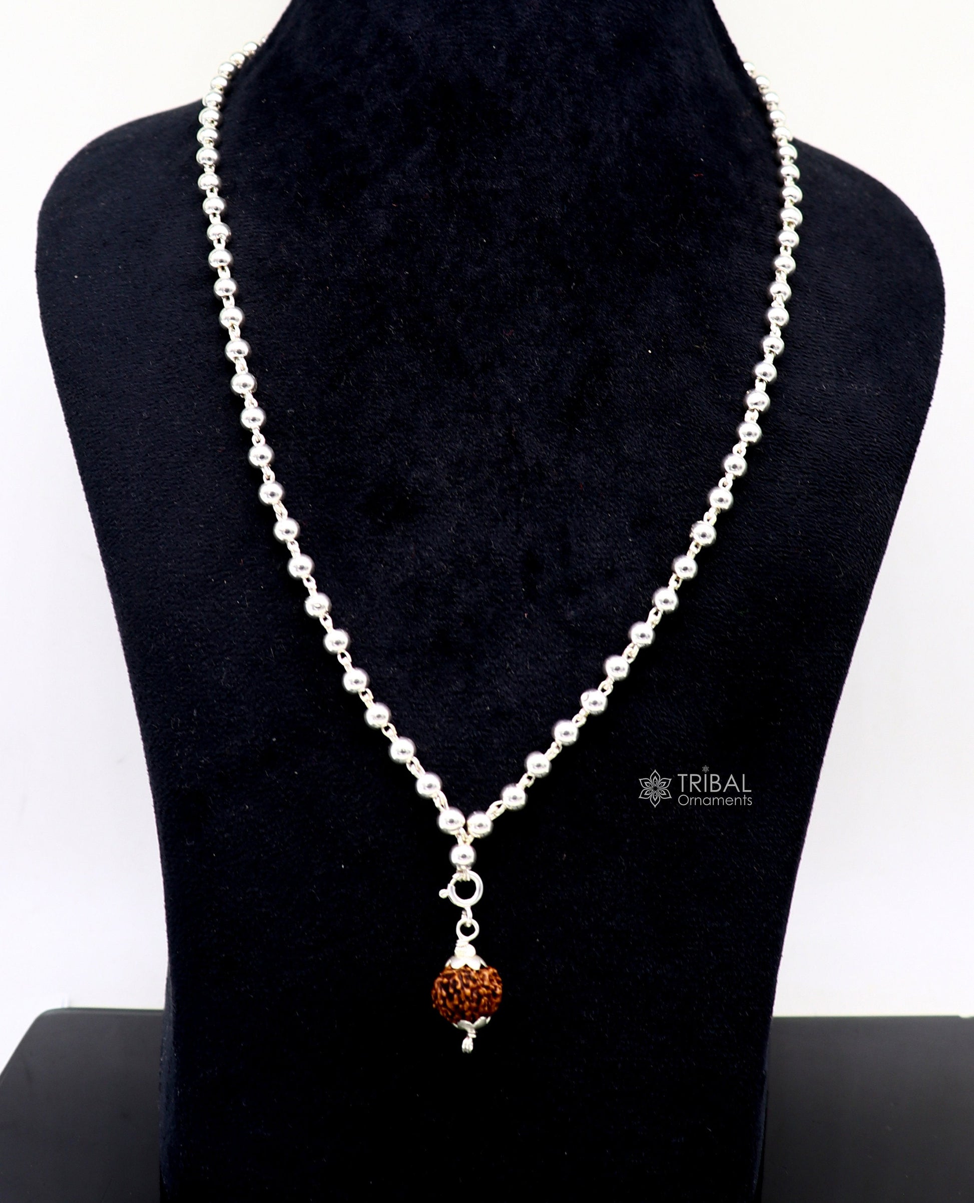 925 silver japp mala chain with 108 plain beads and hanging Rudraksha pendant, tribal ornament jewelry for spiritual adornment.