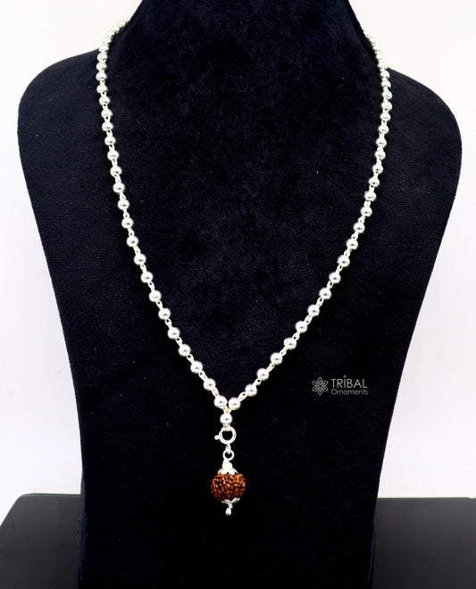 925 silver japp mala chain with 108 plain beads and hanging Rudraksha pendant, tribal ornament jewelry for spiritual adornment.