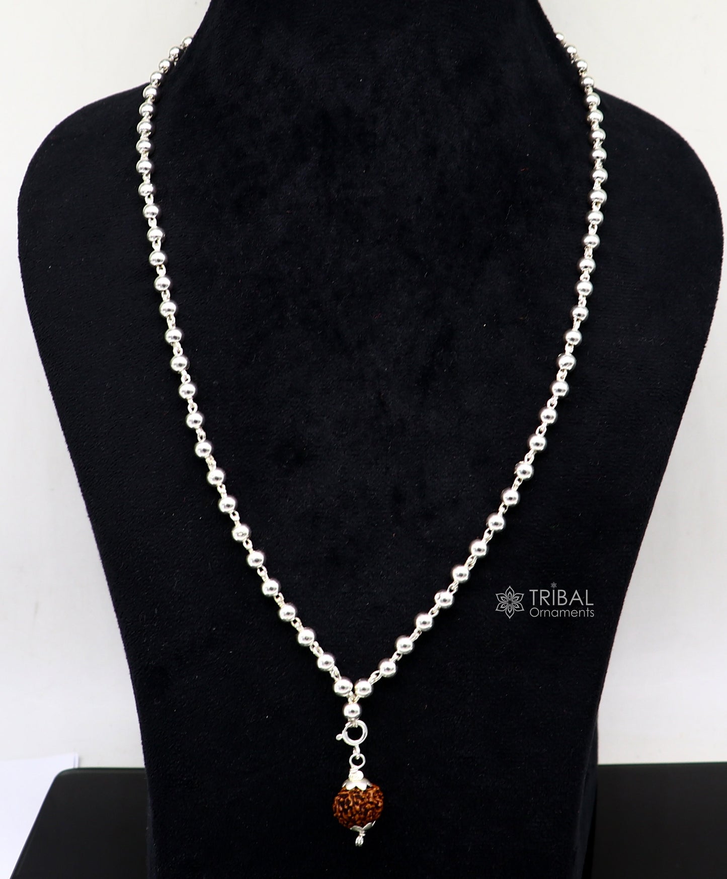 Sterling silver 5mm plain beads chain japp mala with 108 beads and hanging Rudraksha pendant, handcrafted tribal jewelry.
