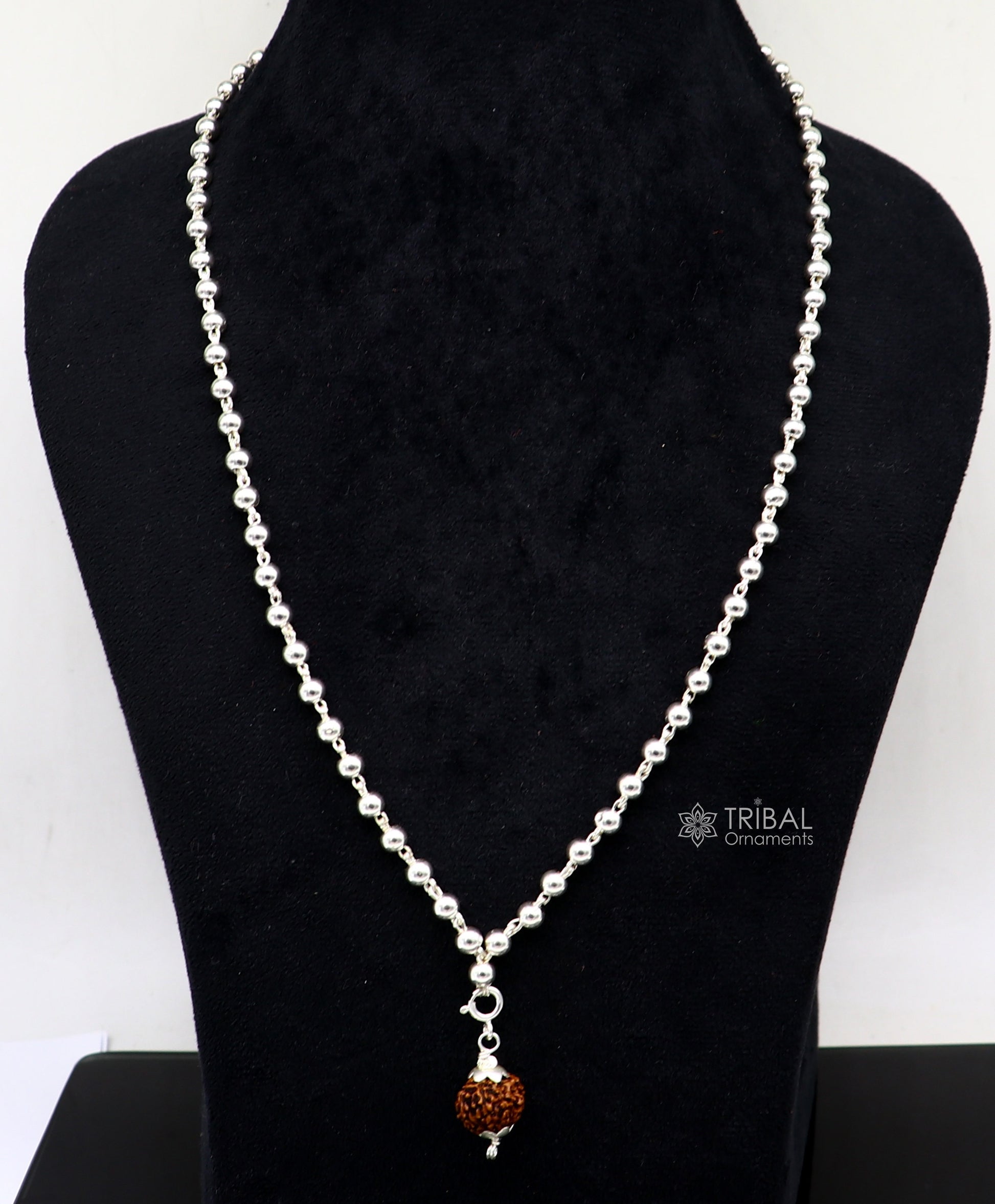 Sterling silver 5mm plain beads chain japp mala with 108 beads and hanging Rudraksha pendant, handcrafted tribal jewelry.