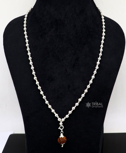 Sterling silver 5mm plain beads chain japp mala with 108 beads and hanging Rudraksha pendant, handcrafted tribal jewelry.