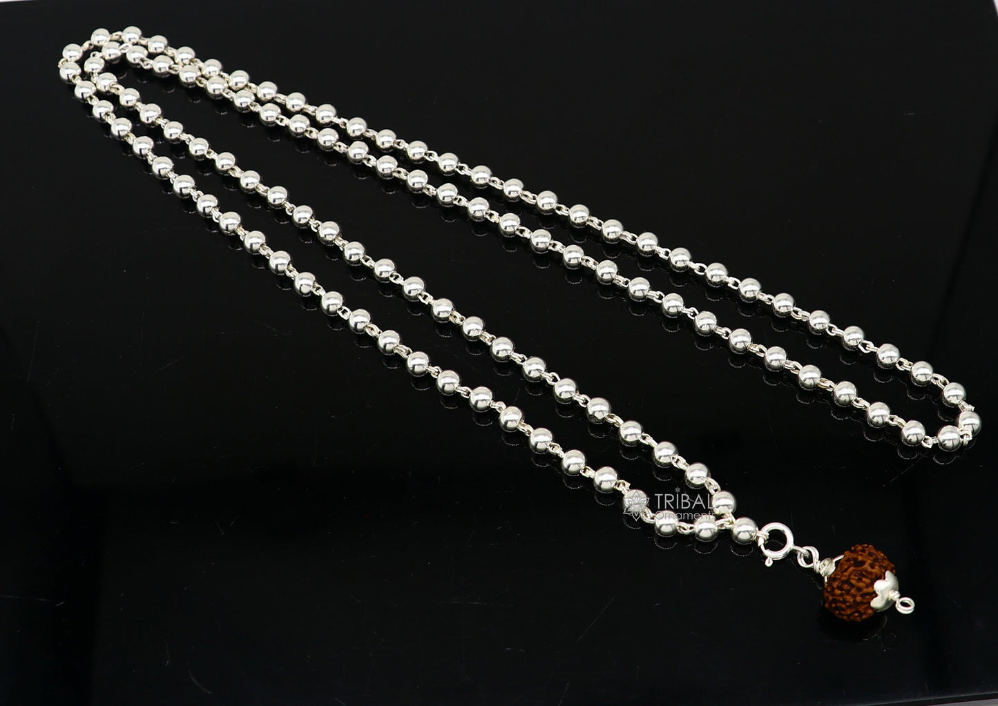 925 sterling silver japp mala chain with 108 plain beads and hanging Rudraksha pendant, tribal-style jewelry by TRIBAL ORNAMENTS