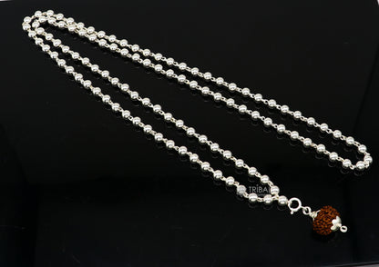 925 sterling silver japp mala chain with 108 plain beads and hanging Rudraksha pendant, tribal-style jewelry by TRIBAL ORNAMENTS