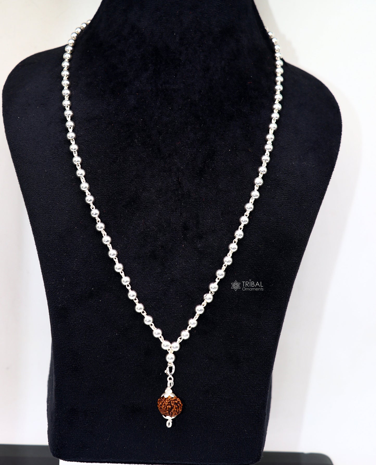 Sterling silver 5mm plain beads Japp mala chain with 108 beads and hanging Rudraksha pendant, crafted by TRIBAL ORNAMENTS.