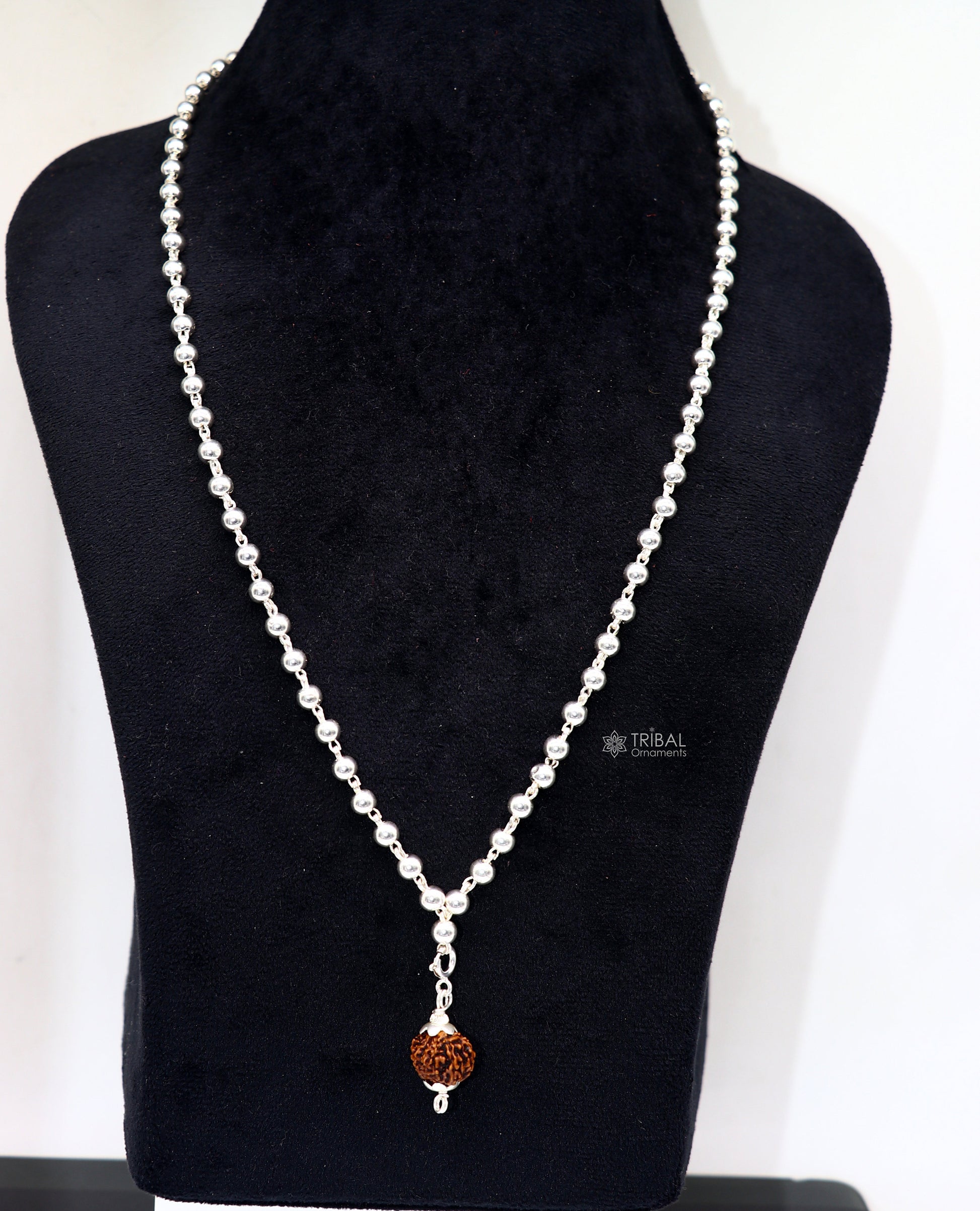 Sterling silver 5mm plain beads Japp mala chain with 108 beads and hanging Rudraksha pendant, crafted by TRIBAL ORNAMENTS.