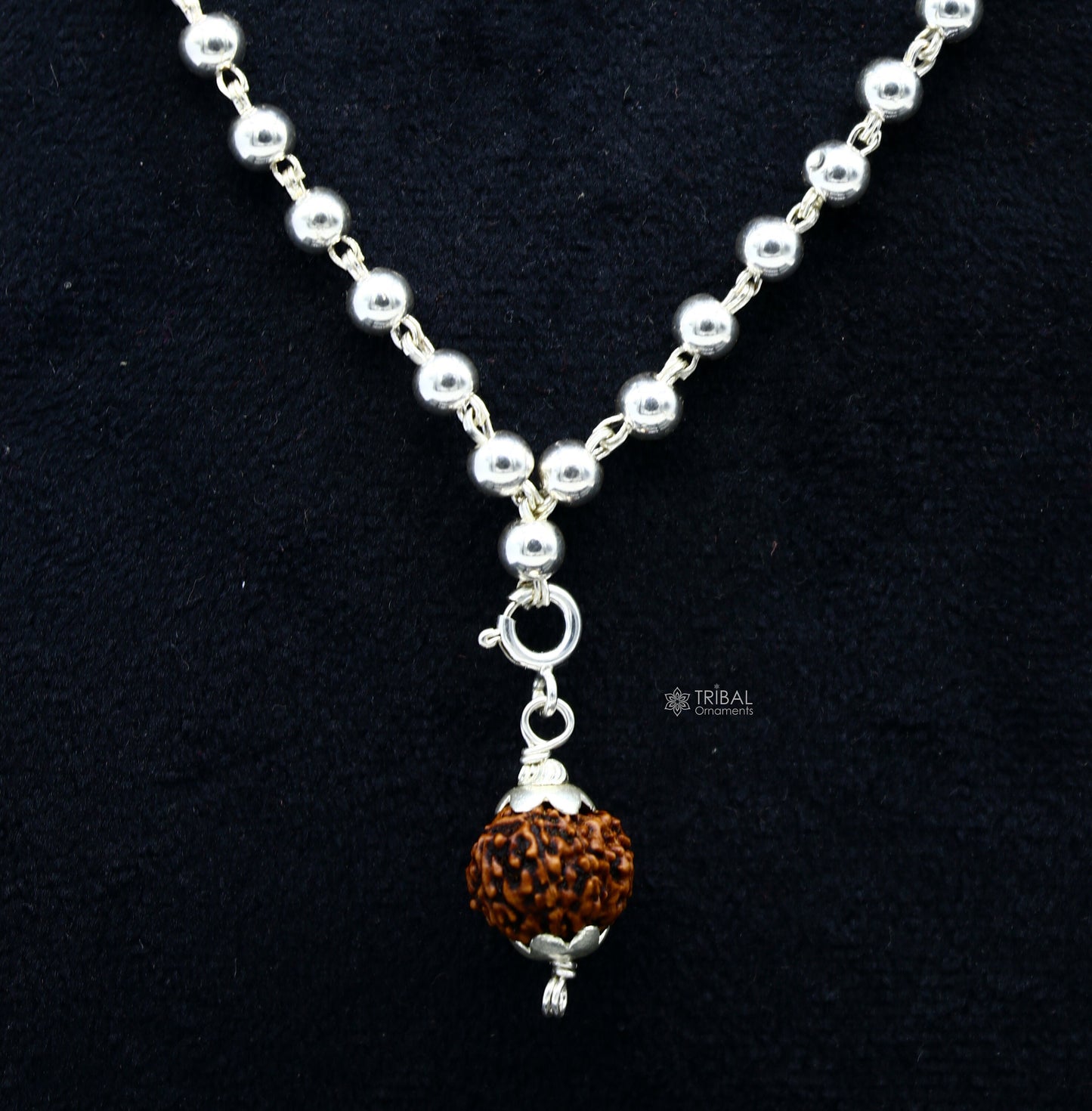 Sterling silver 5mm plain bead japp mala chain with 108 beads and hanging Rudraksha pendant, crafted by TRIBAL ORNAMENTS.