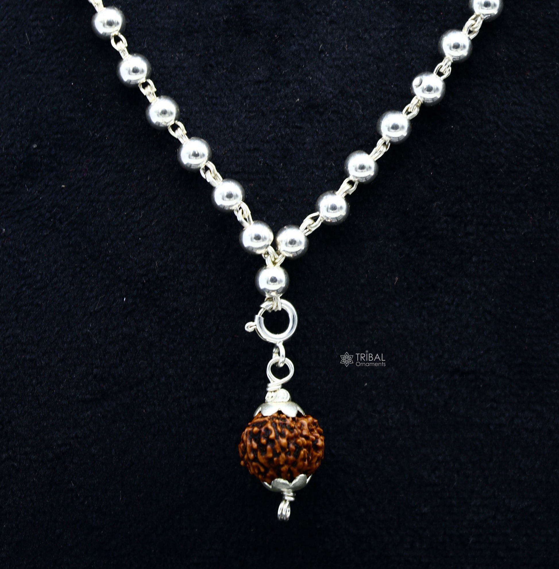 Sterling silver 5mm plain bead japp mala chain with 108 beads and hanging Rudraksha pendant, crafted by TRIBAL ORNAMENTS.