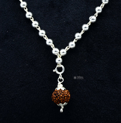 Sterling silver 5mm plain bead japp mala chain with 108 beads and hanging Rudraksha pendant, crafted by TRIBAL ORNAMENTS.