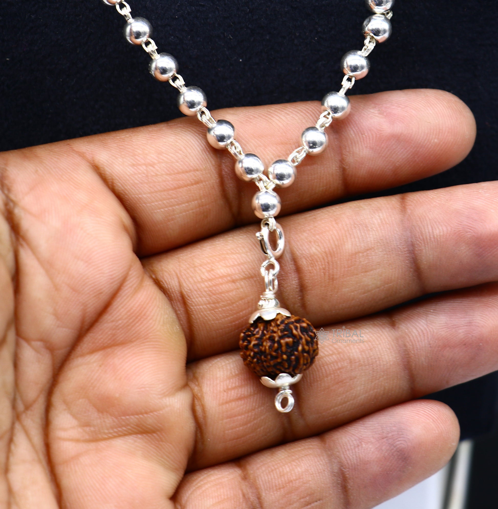 Sterling silver 5mm plain beads Japp mala chain with 108 beads and hanging Rudraksha pendant, handcrafted tribal jewelry.