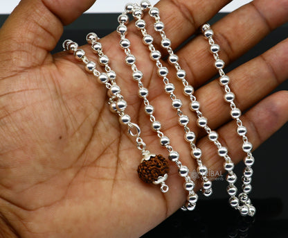 Sterling silver 5mm plain beads japp mala chain with 108 beads and hanging Rudraksha pendant, handcrafted tribal jewelry.