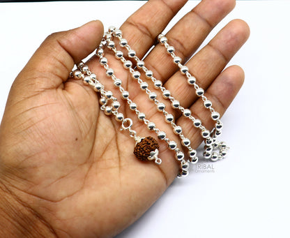 Sterling silver 5mm plain bead chain japp mala with 108 beads and hanging Rudraksha pendant, crafted by TRIBAL ORNAMENTS.