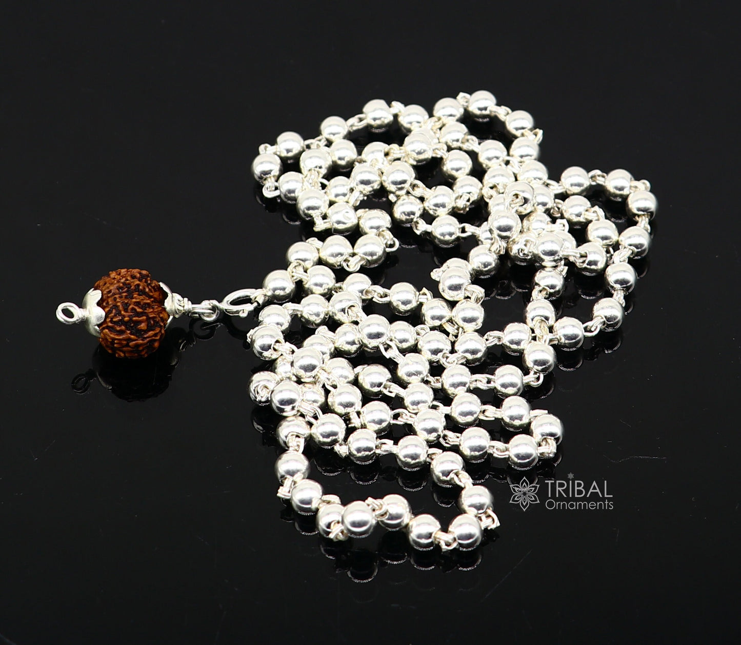 Sterling silver 5mm plain beads chain japp mala with 108 beads and hanging Rudraksha pendant, traditional spiritual jewelry.