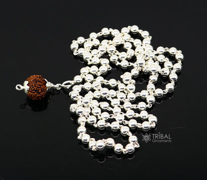 Sterling silver 5mm plain beads chain japp mala with 108 beads and hanging Rudraksha pendant, traditional spiritual jewelry.
