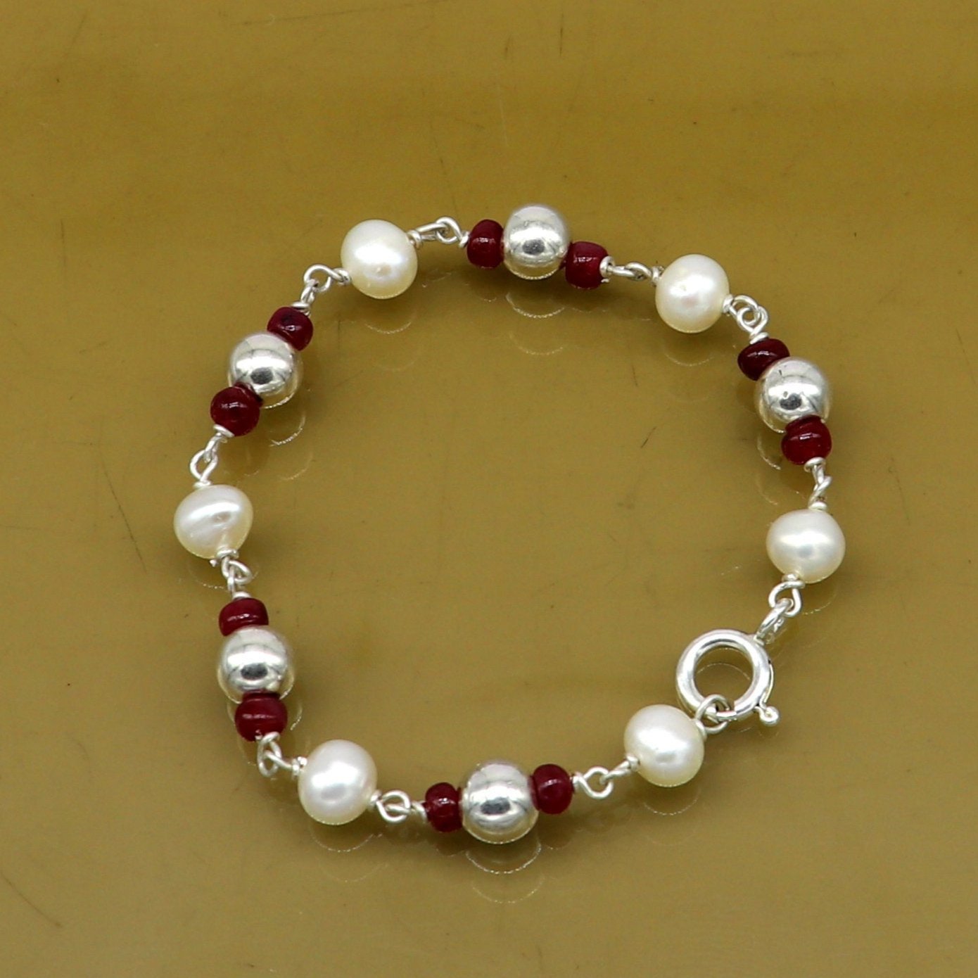 5mm silver and pearl beaded 925 sterling silver handmade customized baby bracelet, fabulous gifting kids jewelry, new born baby jewelry bbr4 - TRIBAL ORNAMENTS