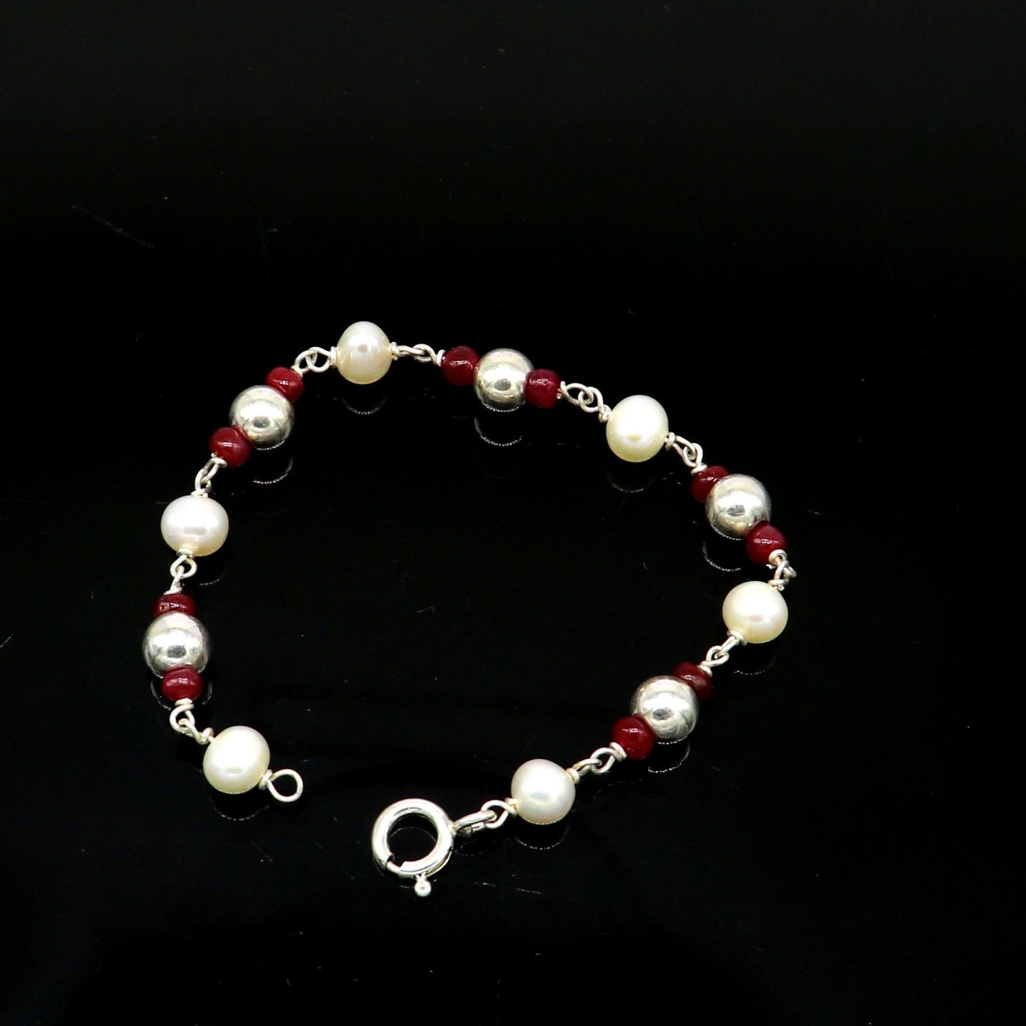 5mm silver and pearl beaded 925 sterling silver handmade customized baby bracelet, fabulous gifting kids jewelry, new born baby jewelry bbr4 - TRIBAL ORNAMENTS