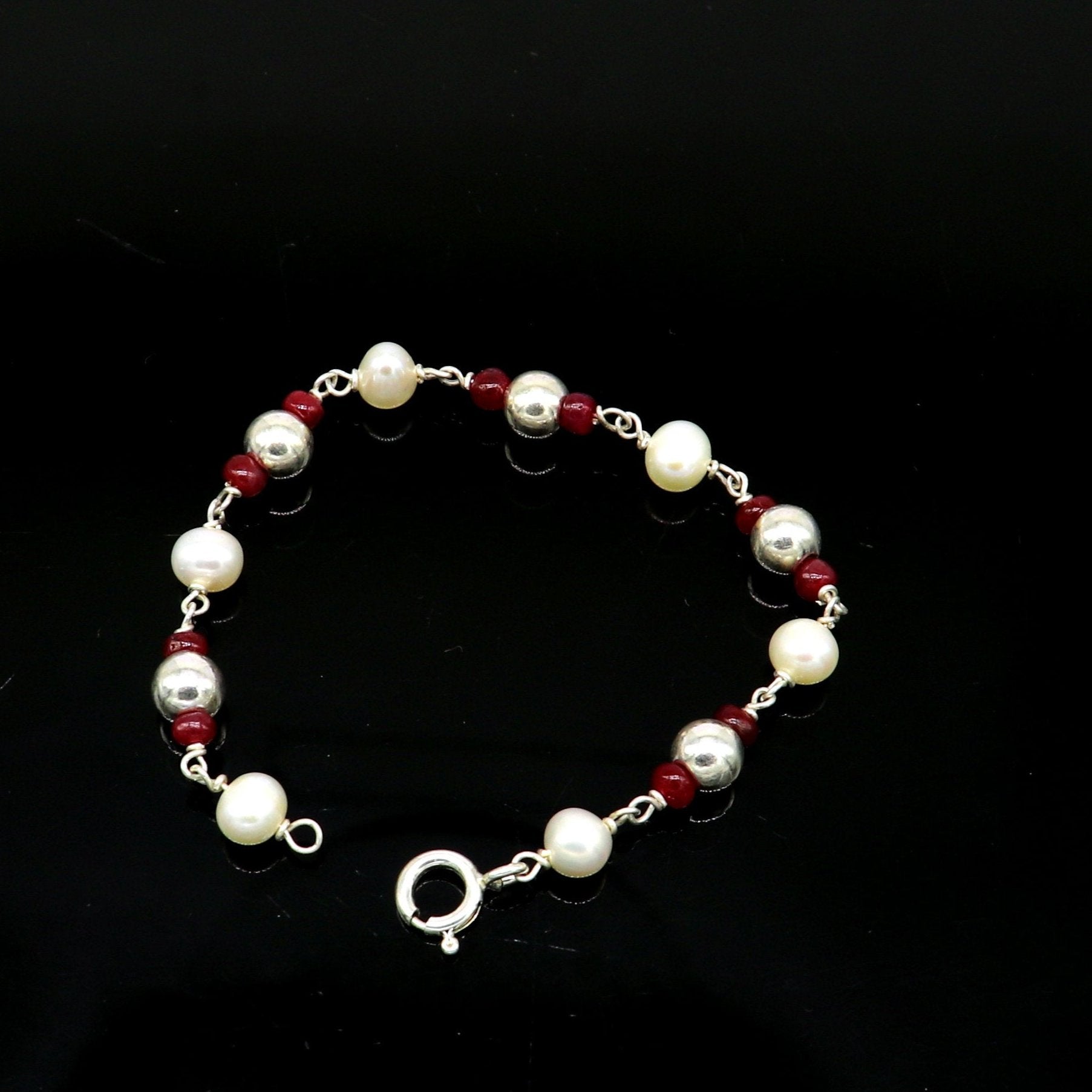 5mm silver and pearl beaded 925 sterling silver handmade customized baby bracelet, fabulous gifting kids jewelry, new born baby jewelry bbr4 - TRIBAL ORNAMENTS