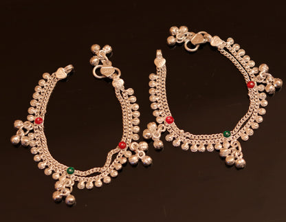 Sterling silver baby anklet with hanging noisy bells and charm, unisex design perfect for baby foot jewelry.