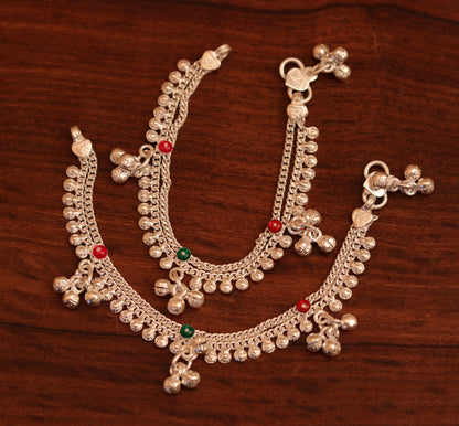 Sterling silver baby anklet with hanging bells, unisex design, handmade tribal ornament jewelry for infants and toddlers.