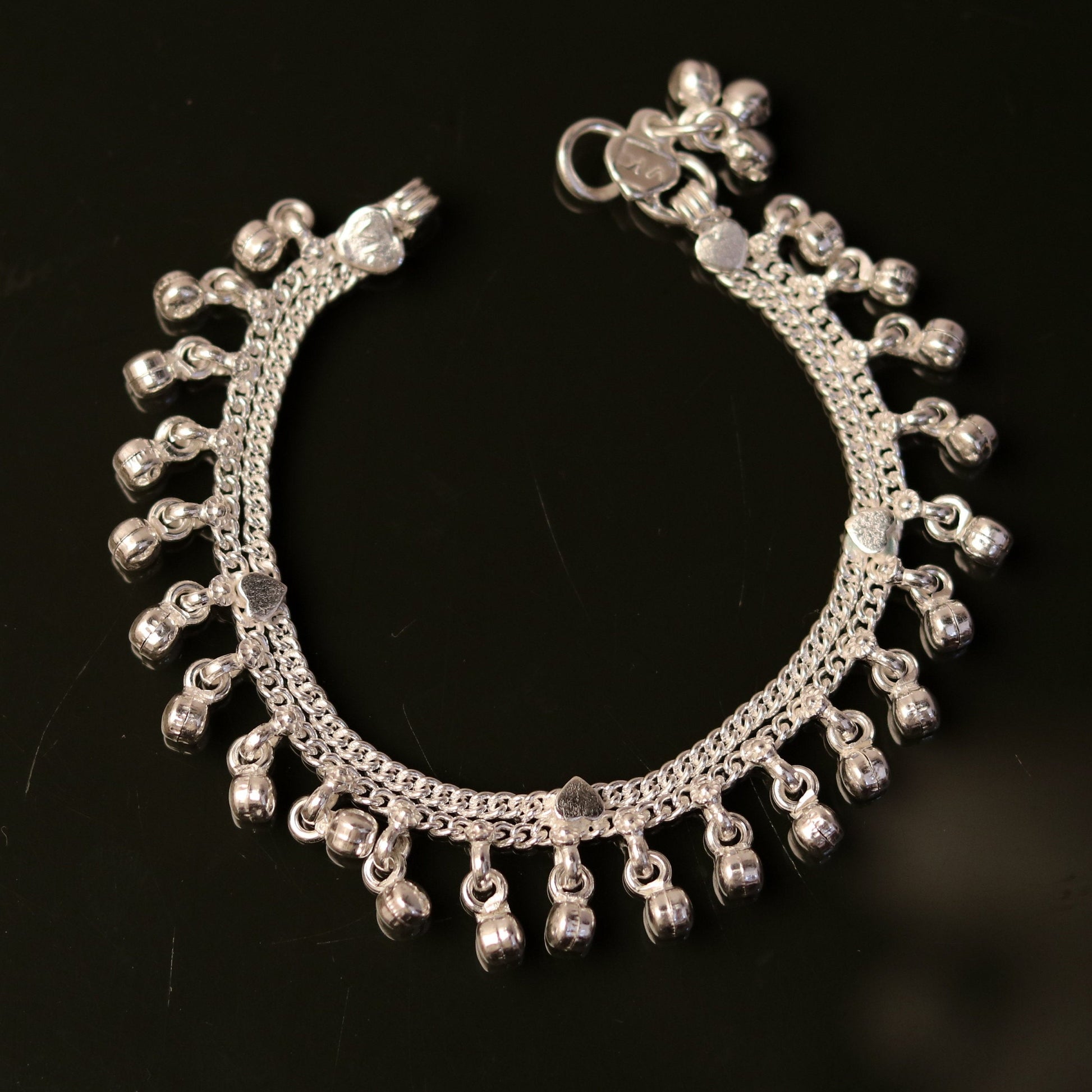 6.0" Sterling silver handmade baby anklet charm ankle bracelet, fabulous hanging noisy bells, excellent unisex baby foot bracelet ank194 - TRIBAL ORNAMENTS