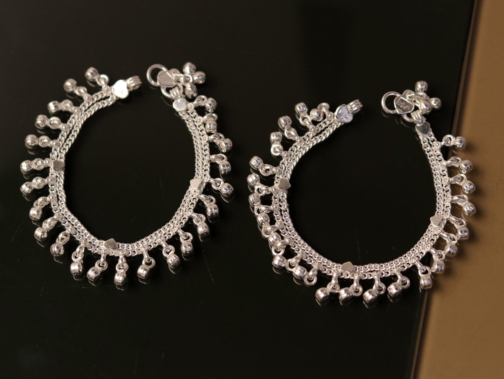 6.0" Sterling silver handmade baby anklet charm ankle bracelet, fabulous hanging noisy bells, excellent unisex baby foot bracelet ank194 - TRIBAL ORNAMENTS