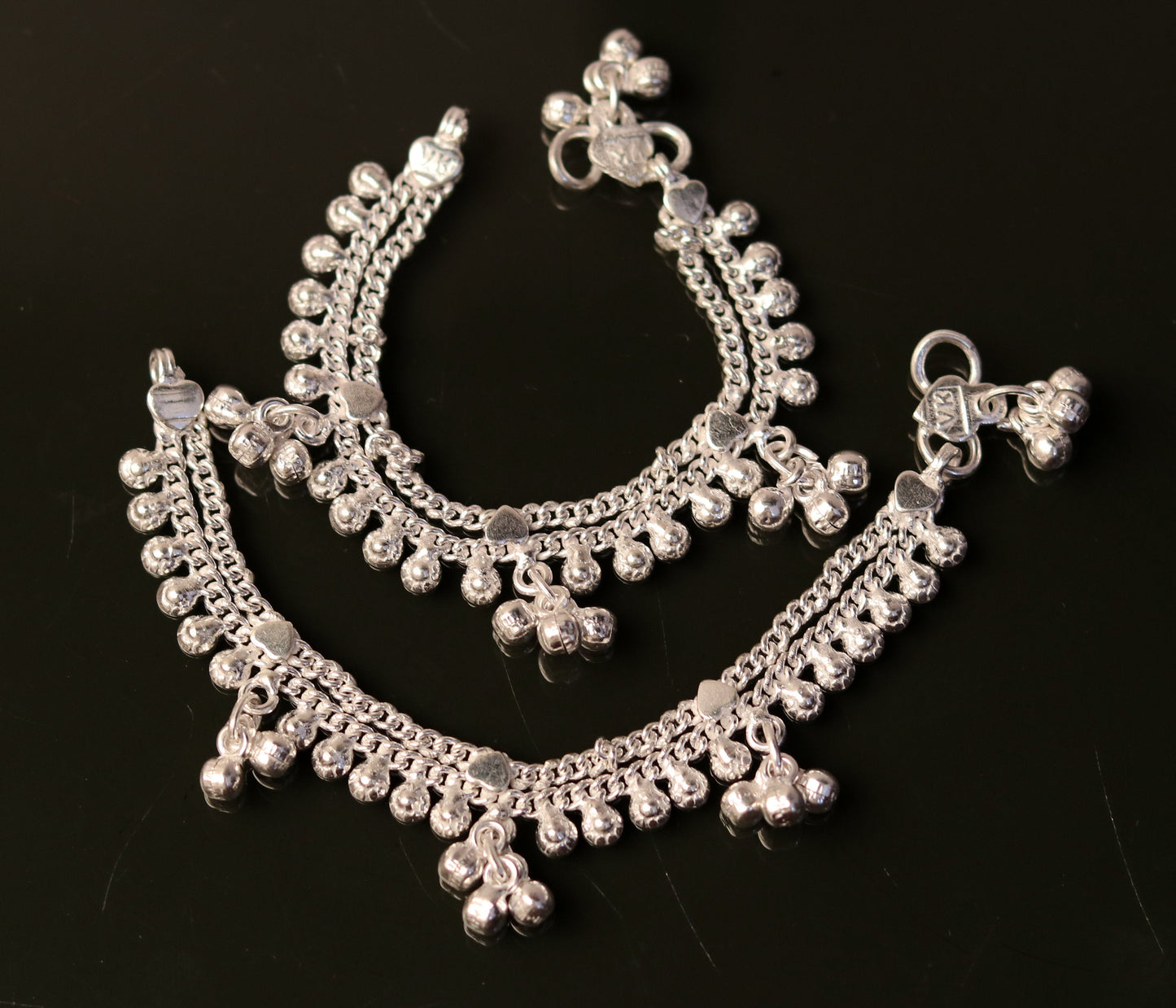 6.2"  handmade sterling silver baby anklet charm ankle bracelet, fabulous hanging noisy bells, excellent unisex baby foot bracelet ank159 - TRIBAL ORNAMENTS