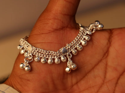 6.2"  handmade sterling silver baby anklet charm ankle bracelet, fabulous hanging noisy bells, excellent unisex baby foot bracelet ank159 - TRIBAL ORNAMENTS