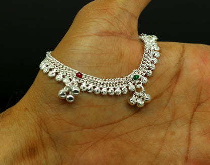Handmade 6.2-inch sterling silver baby ankle bracelet with customized charm, unisex design, tribal ornaments style.
