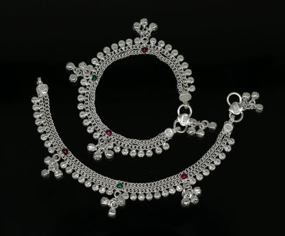 Handmade 6.2-inch sterling silver baby ankle bracelet with customized charms, unisex design, crafted by TRIBAL ORNAMENTS.