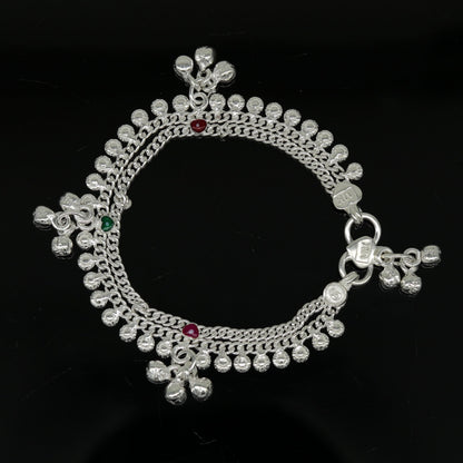 Handmade 6.2-inch sterling silver baby ankle bracelet with customizable charm, unisex design, tribal ornament style jewelry.