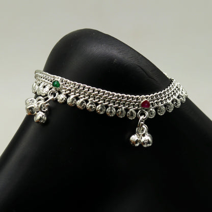 Handmade 6.2-inch sterling silver baby ankle bracelet with customized charms, unisex design, tribal ornaments style.