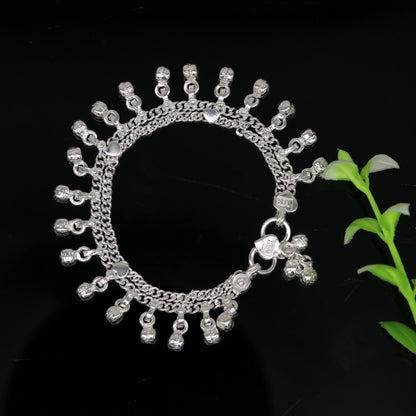 Sterling silver handmade baby anklet with charms and hanging noisy bells, 6.2 inches long, customized kids jewelry by TRIBAL ORNAMENTS.