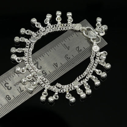Sterling silver handmade baby kids anklet with charming bells, 6.2 inches long, featuring decorative charms and customized jewelry design.