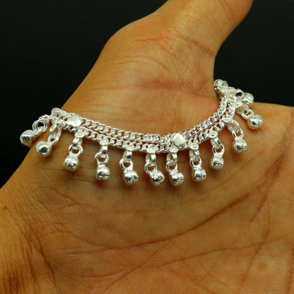 Sterling silver handmade baby and kids anklet with charms and hanging noisy bells, 6.2 inches long, custom jewelry by Tribal Ornaments.