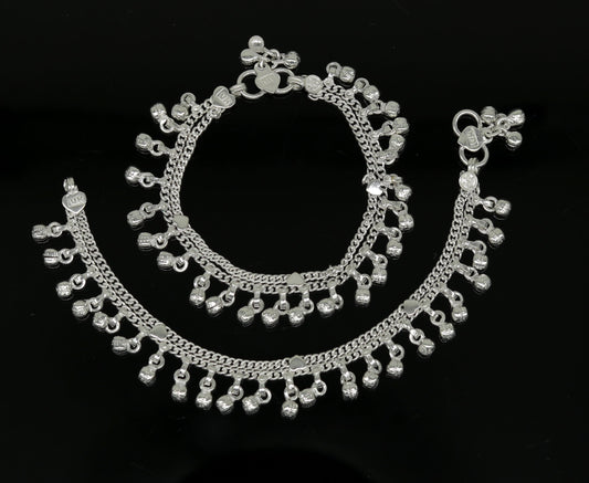 6.2" Sterling silver handmade baby anklet charm ankle bracelet, fabulous hanging noisy bells, excellent unisex baby foot bracelet ank238 - TRIBAL ORNAMENTS