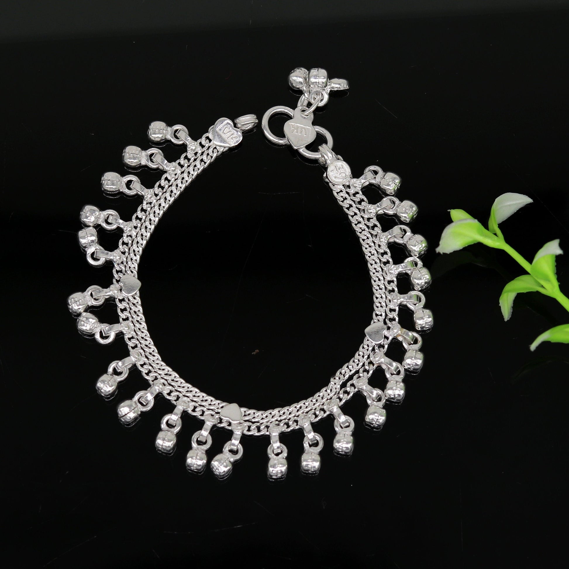 6.2" Sterling silver handmade baby anklet charm ankle bracelet, fabulous hanging noisy bells, excellent unisex baby foot bracelet ank238 - TRIBAL ORNAMENTS