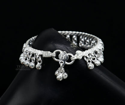Handmade sterling silver baby anklet with hanging noisy bells, unisex foot bracelet, featuring 6.5-inch charm ankle bracelet design.