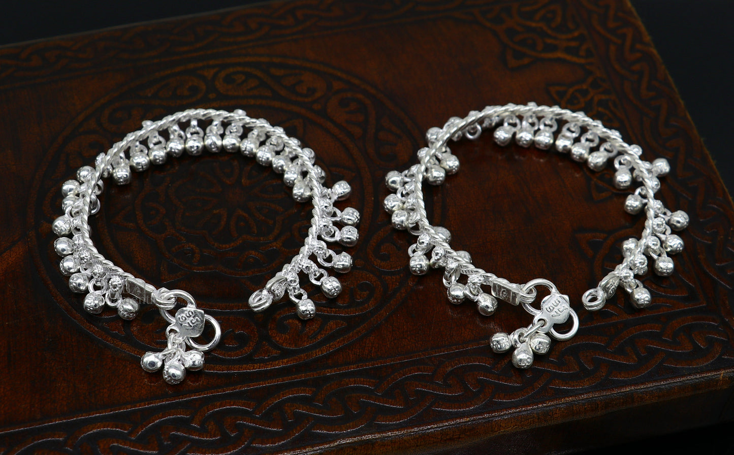 6.5" Handmade sterling silver new born baby anklet charm ankle bracelet, fabulous hanging noisy bells, excellent unisex foot bracelet ankb1 - TRIBAL ORNAMENTS