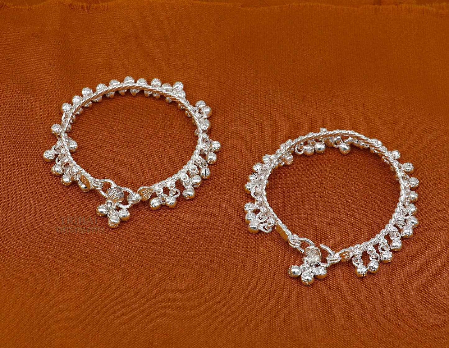 6.5" Handmade sterling silver new born baby anklet charm ankle bracelet, fabulous hanging noisy bells, excellent unisex foot bracelet ankb1 - TRIBAL ORNAMENTS