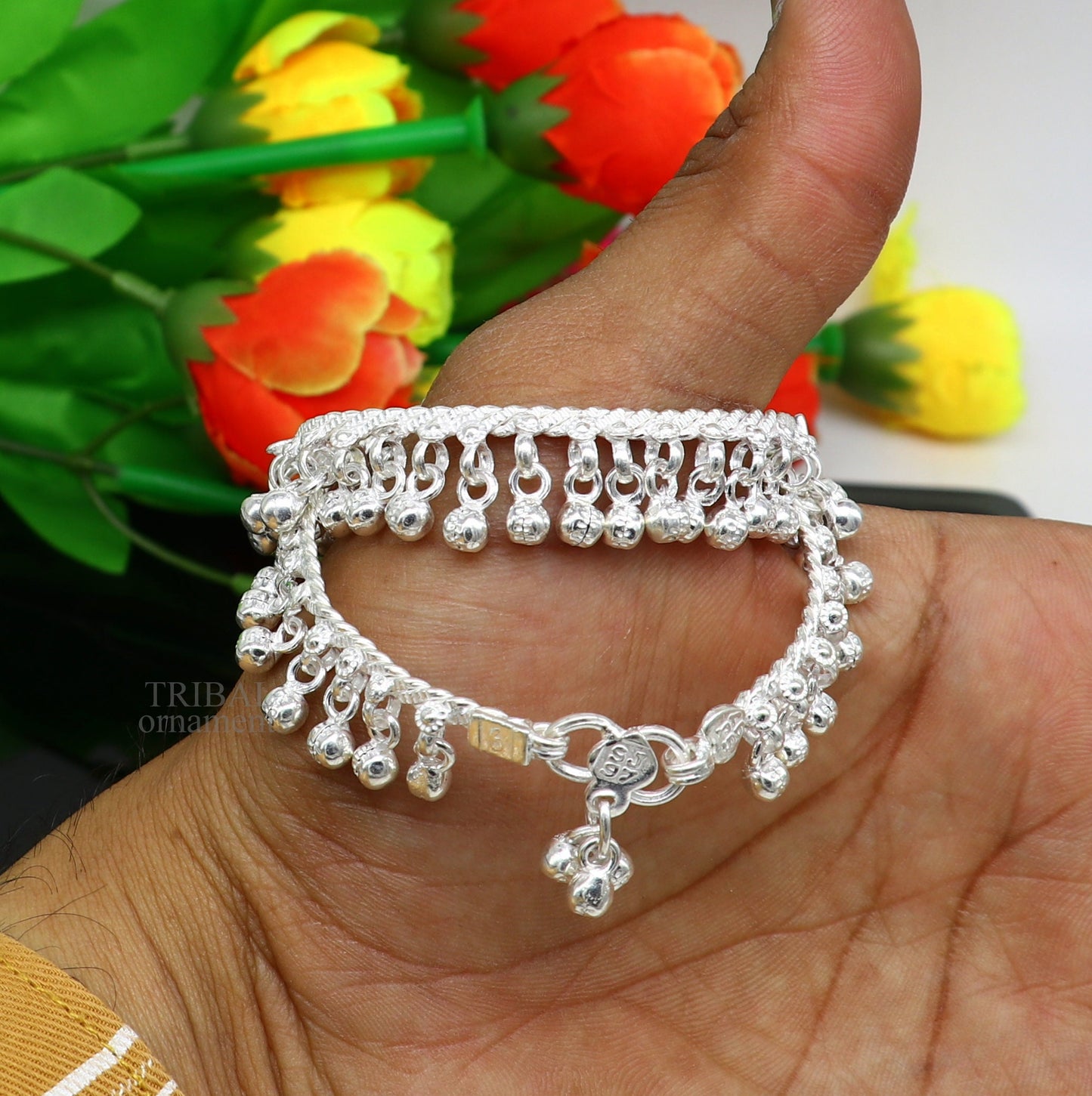 6.5" Handmade sterling silver new born baby anklet charm ankle bracelet, fabulous hanging noisy bells, excellent unisex foot bracelet ankb1 - TRIBAL ORNAMENTS