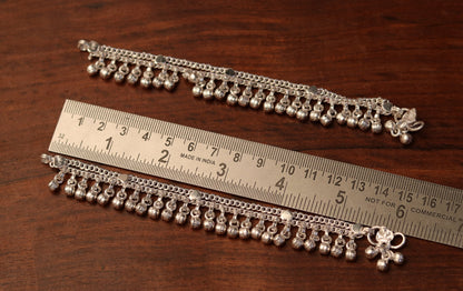 Sterling silver 6.5-inch handmade vintage jingle bell anklet with tribal ethnic design, perfect as a baby foot bracelet or jewelry accessory.